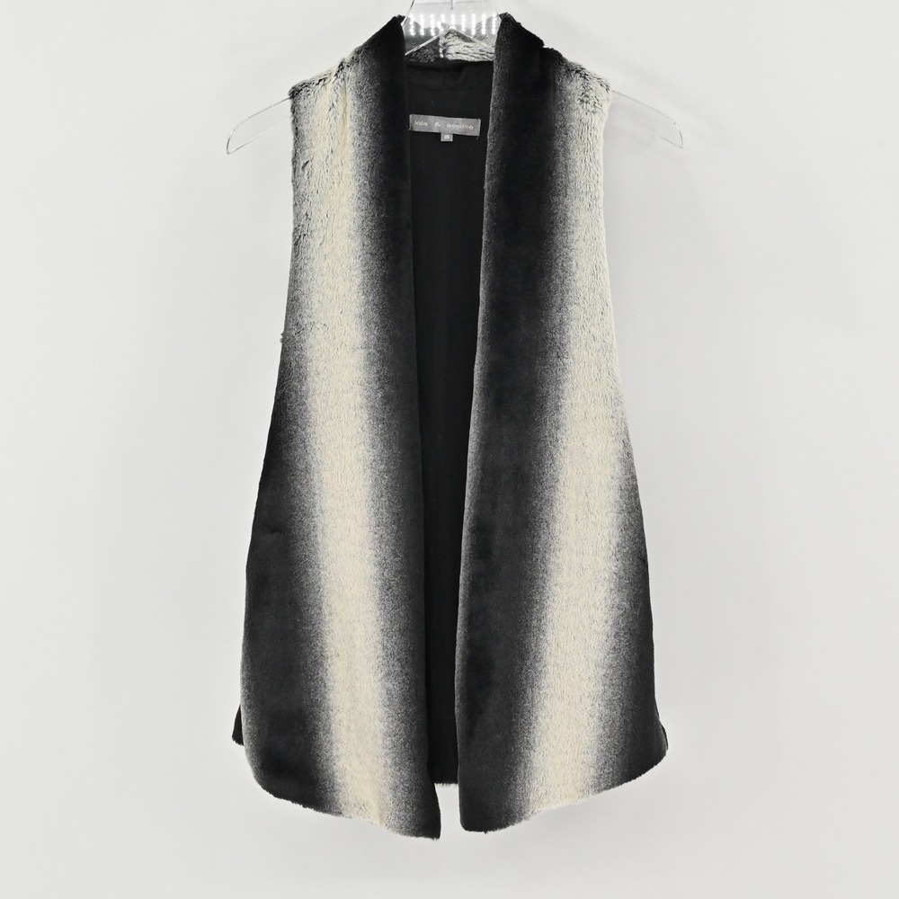 Lola Sophie Faux Fur Vest Womens Size XS Ombre Striped Black Cream Cozy Mob Wife